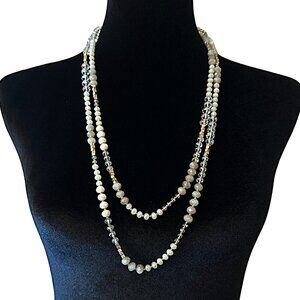 Sparkling Beaded Rope Necklace Cream Gold Tone 60 Inches